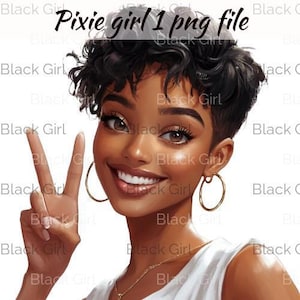 May include: A digital illustration of a woman with short, curly black hair. She is smiling and giving a peace sign with her right hand. She is wearing gold hoop earrings and a white tank top.