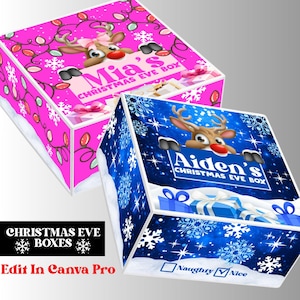 Puede incluir: Dos cajas de Nochebuena, una rosa y otra azul, con gráficos de renos. La caja rosa dice "Mia's CHRISTMAS EVE BOX" y la caja azul dice "Aiden's CHRISTMAS EVE BOX". Ambas cajas tienen diseños de copos de nieve y cajas de regalo.