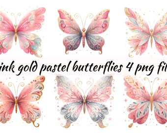 Mariposa rosa y dorada clipart png- Mariposa pastel para uso comercial- Clipart de acuarela