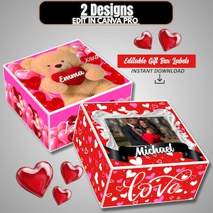 May include: Two gift box designs. One box features a teddy bear holding a heart with the name "Emma". The other box has a photo of a couple and the name "Michael". Both boxes are decorated with hearts and the word "Love".
