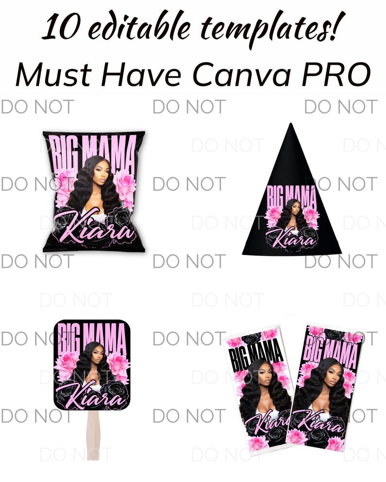 Big mama party template Bundle birthday Shirt & Styrofoam Cup Designs Canva Editable,Party Pack, Water Bottle, Chip Bag, Lip Gloss Labels.