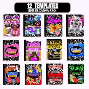 May include: A collection of 12 composition notebooks with personalized designs. Each notebook features a name, room number, and decorative elements like pencils, flowers, and sports themes. The text "12 TEMPLATES EDIT IN CANVA PRO" is at the top.