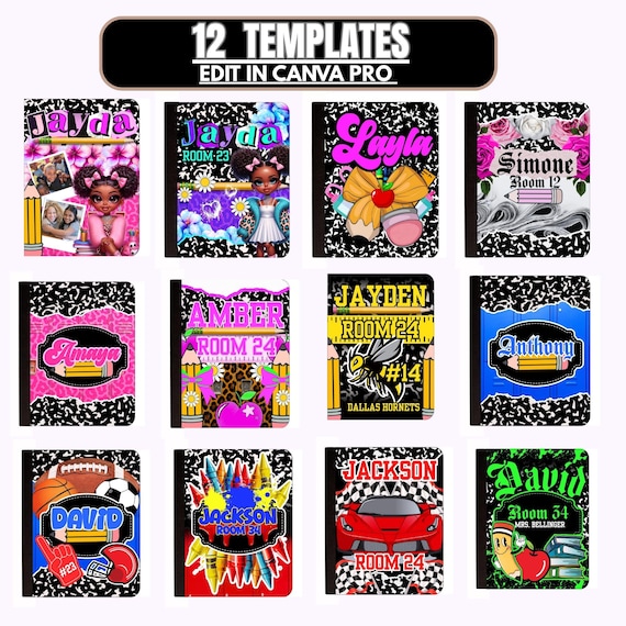 Composition Book Cover Designs For Canva 12 Editable Templates Back to School DIY Customizable Personalized Notebook Covers