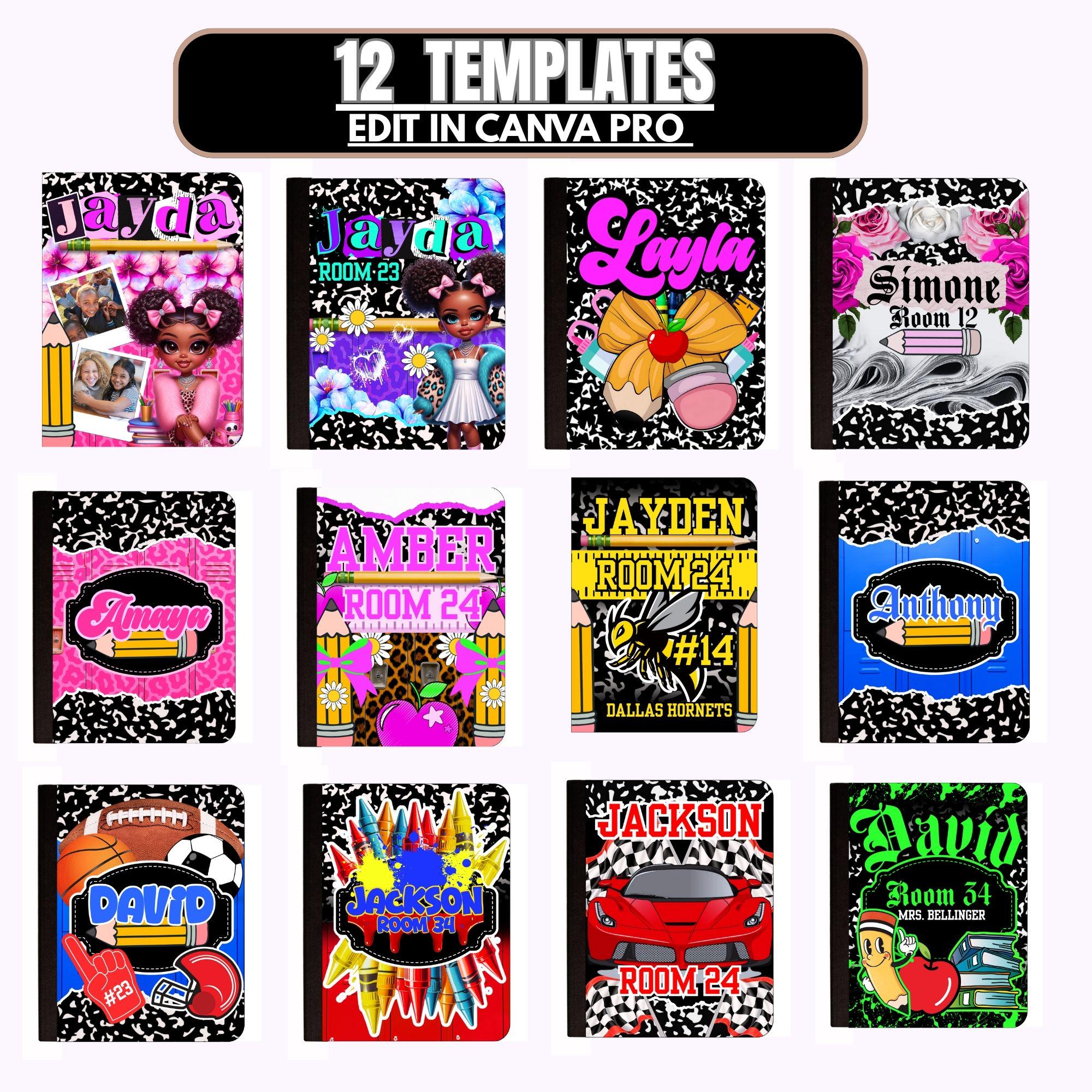 Composition Book Cover Designs for Canva 12 Editable Templates Back to ...