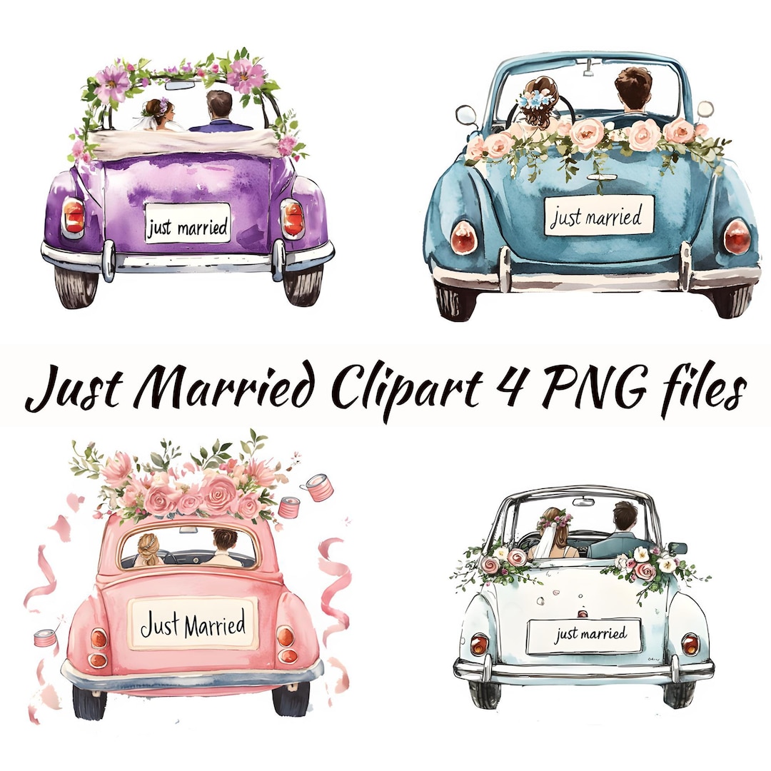 Just Married Car Clipart Watercolor PNG Bride and Groom Watercolor ...