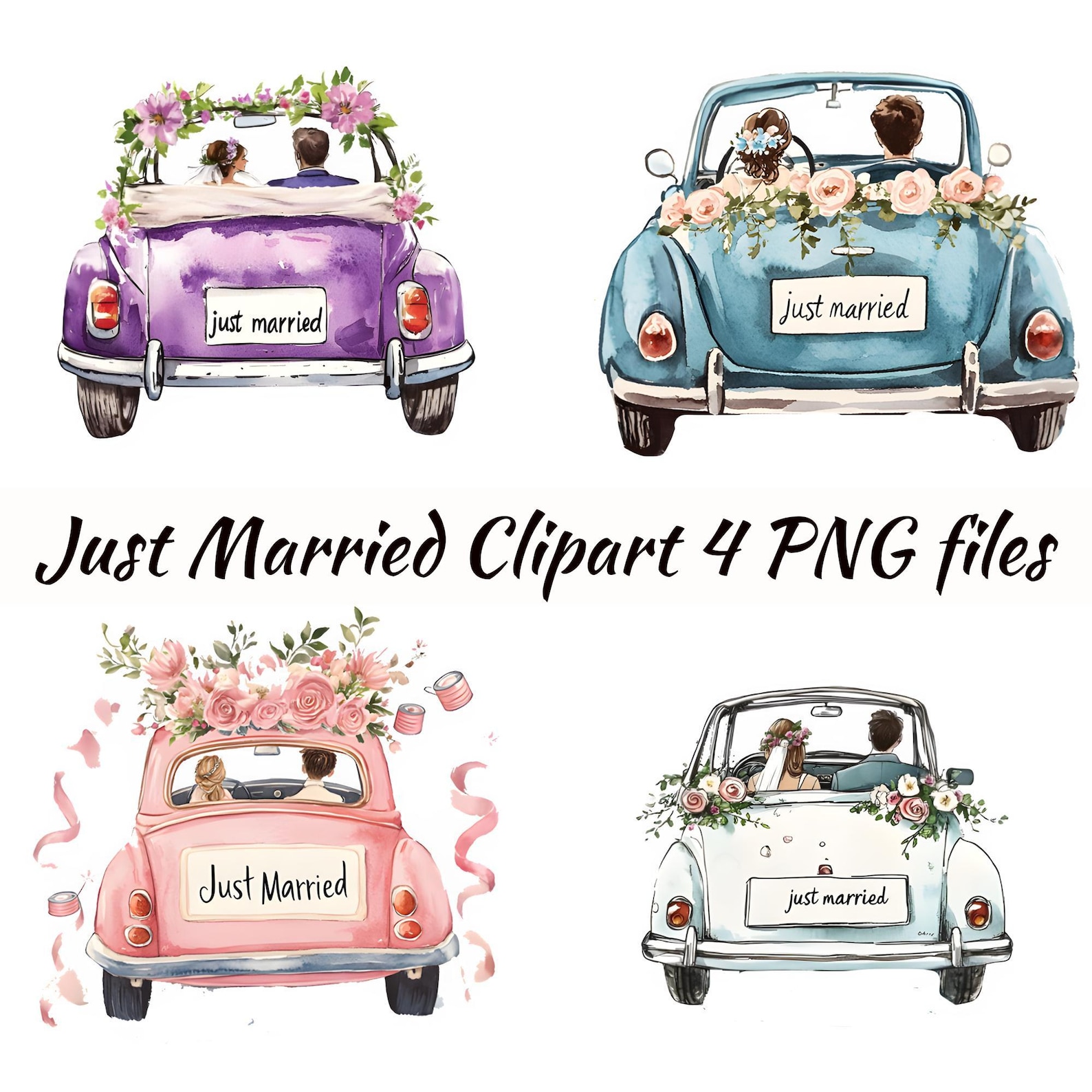 Just Married Car Clipart Watercolor PNG Bride and Groom Watercolor ...