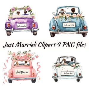 Gerade verheiratet Auto Clipart Aquarell PNG Braut und Bräutigam Aquarell kommerzielle Nutzung Hochzeitsauto
