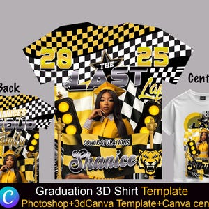 Graduation 3D T-Shirt Design-Datei, The Last Lap, Photoshop und Canva Gelb Schwarz Allover T-Shirt-Design-Vorlage, perfekt für Sublimation