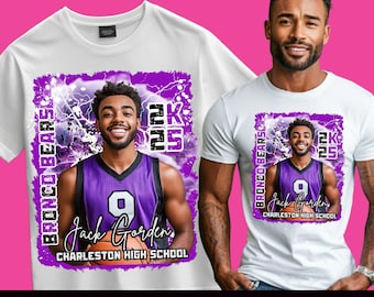 Basketbalshirtontwerp, canvassjabloon, bewerkbare gameday-t-shirt, seniorenavondshirt, gepersonaliseerd, sublimatie, DTF paars