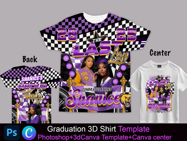 May include: A white t-shirt with a checkered pattern and purple accents. The shirt features the text "The Last Lap" and "Congratulations Shanice".