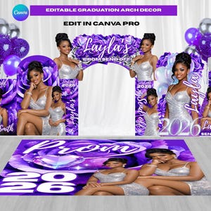 Peut inclure: Ensemble de décoration d'arche de graduation violet et argenté avec le texte "Layla's PROM SEND OFF" et "2026". L'ensemble comprend une toile de fond, une arche et un tapis de sol, tous avec une photo d'une femme en robe argentée. Des ballons et des motifs floraux complètent le design.