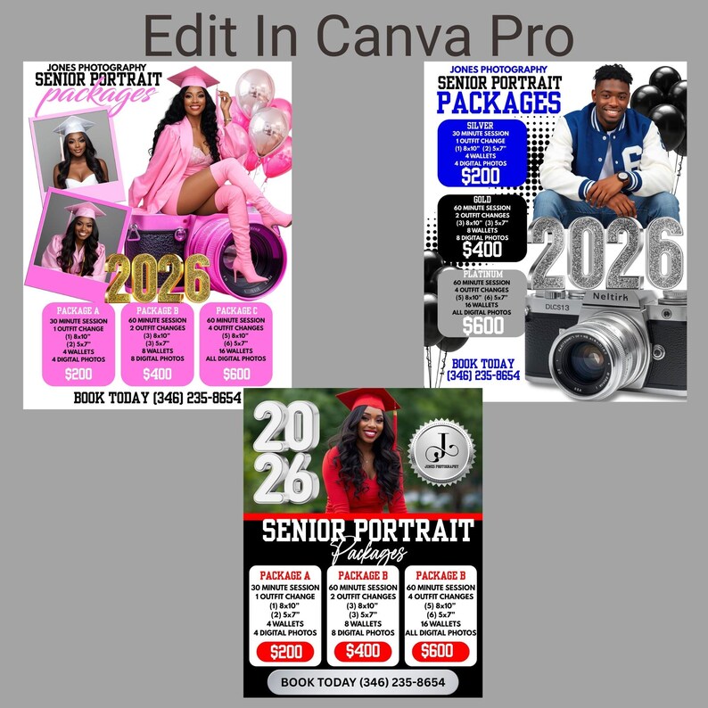 Peut inclure: Flyers promotionnels pour des forfaits de portraits de fin d'&eacute;tudes. Les flyers pr&eacute;sentent des photos de jeunes adultes, des d&eacute;tails sur les forfaits et les prix. La palette de couleurs comprend du rose, du bleu et du rouge, avec l'ann&eacute;e "2026" en &eacute;vidence.