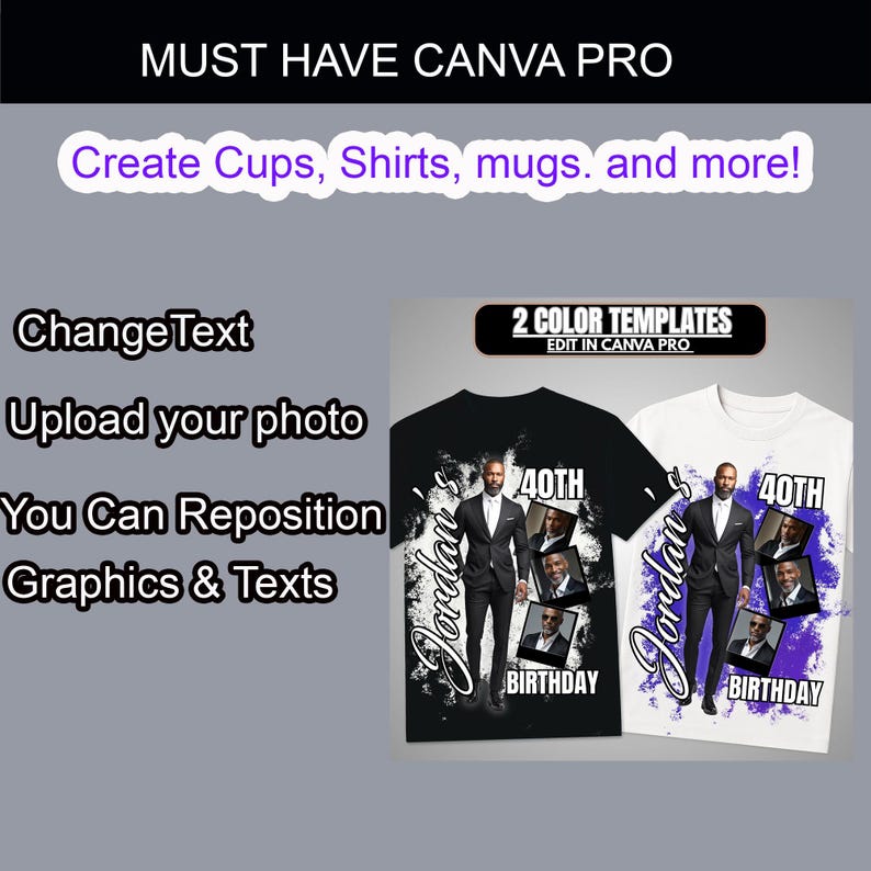 May include: Black and white t-shirts with a man in a suit, the text "Jordan's 40th Birthday", and the words "Must Have Canva Pro". The shirts are customizable and can be used to create cups, shirts, mugs, and more.