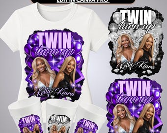 Twin T-shirt ontwerp Canva bewerkbare sjabloon Custom Twin Turn Up verjaardag, piepschuim bekers, volwassen tiener feestartikelen