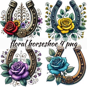 Collection florale de cliparts de fer à cheval - modèles rustiques avec des roses pour le téléchargement immédiat - usage commercial