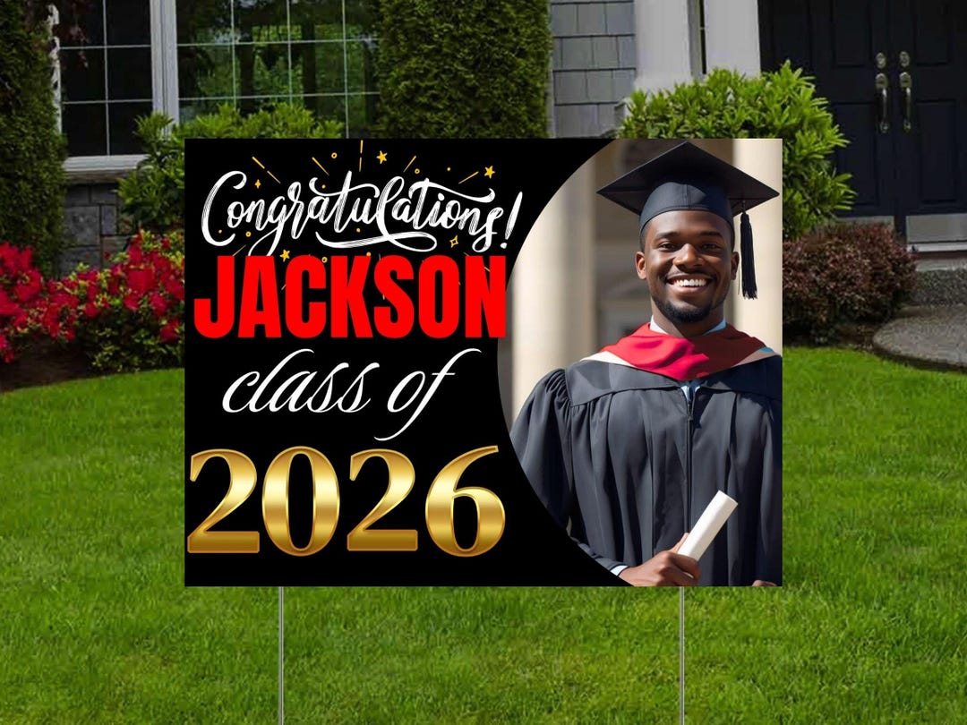 Graduation Yard Sign for Canva, Black Gold Editable Photo Grad Sign ...