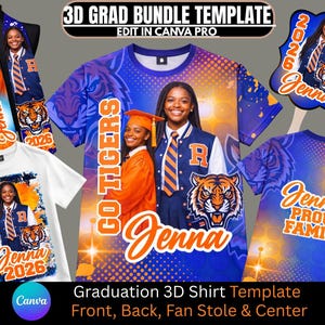 Può includere: Un pacchetto a tema laurea con la foto di una laureata su una maglietta, un ventaglio e una stola. Il design include il testo "Jenna 2026", "Go Tigers" e una mascotte di tigre. La combinazione di colori è blu, arancione e bianco.