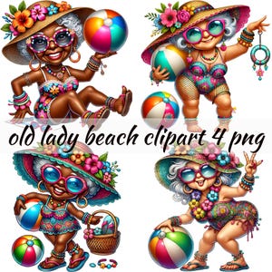 Pakiet clipartów „Starsza kobieta na plaży” do użytku komercyjnego — natychmiastowe pobranie zabawnych grafik letnich