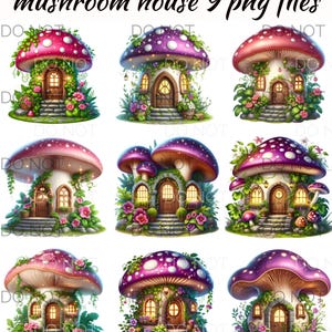 Domek Grzybowy Wróżki Clipart- Różowo-Fioletowa Akwarela Domek Grzybowy Wróżki Clipart, Zaczarowany Las, Użytek Komercyjny