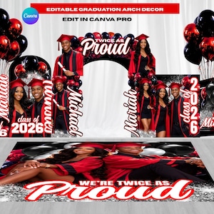 Peut inclure: Décoration d'arche de graduation avec des ballons rouges et noirs, avec le texte "Twice as Proud". La conception comprend des photos de diplômés en robes et chapeaux de graduation rouges. Le texte "class of 2026" est également visible.