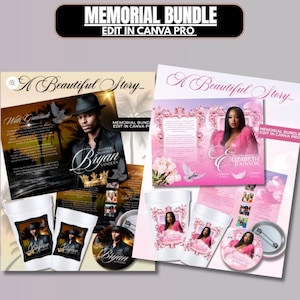 May include: A memorial bundle with the text "Memorial Bundle Edit in Canva Pro". The bundle includes a flyer, cups, and a button with a photo and the text "A Beautiful Story..." and "Bryan Sanders" and "Elizabeth Johnson".
