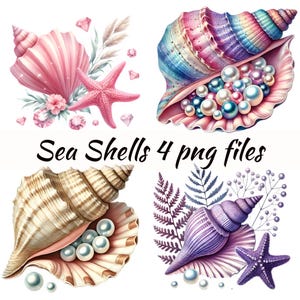 Imágenes prediseñadas de conchas y perlas de acuarela para uso comercial: descarga instantánea de hermosas ilustraciones marinas