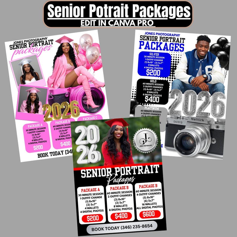Peut inclure: Flyers promotionnels pour des forfaits de portraits de fin d'&eacute;tudes de Jones Photography. Les flyers pr&eacute;sentent des images de jeunes adultes en tenue de remise de dipl&ocirc;mes, avec les d&eacute;tails des forfaits et les prix. Le texte comprend "Forfaits Portraits Seniors" et "R&eacute;servez aujourd'hui".