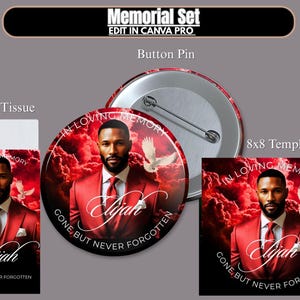 Peut inclure: Ensemble commémoratif comprenant un bouton de pin, un paquet de mouchoirs et un modèle 8x8. Chaque élément présente un homme en costume rouge sur un fond rouge nuageux, avec le texte "In Loving Memory" et "Gone But Never Forgotten."