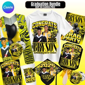 May include: A graduation bundle featuring a white t-shirt, a graduation cap, and various accessories. The items are decorated with a photo of two graduates, the name "Bryson", the year "2026", and the words "Congrats" and "Greenview High".
