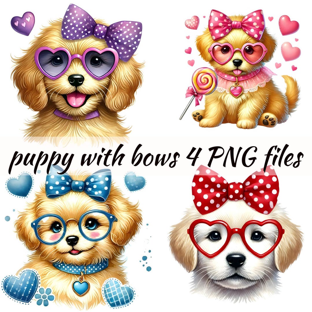 Cute Puppy With Bow Clipart- PNG Valentine Heart Puppy- Commercial Use ...