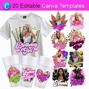 Pegatina para vaso de poliestireno, plantilla de Canva, pegatinas para vasos de chupito, diseño de camiseta, regalo de cumpleaños, paquete de recuerdos de fiesta, cumpleaños rosa.