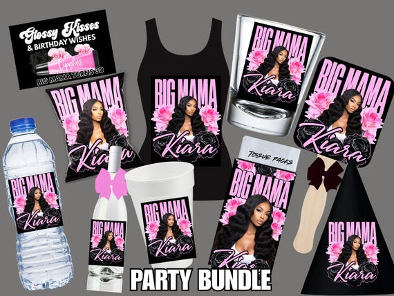 Big mama party template Bundle birthday Shirt & Styrofoam Cup Designs Canva Editable,Party Pack, Water Bottle, Chip Bag, Lip Gloss Labels.