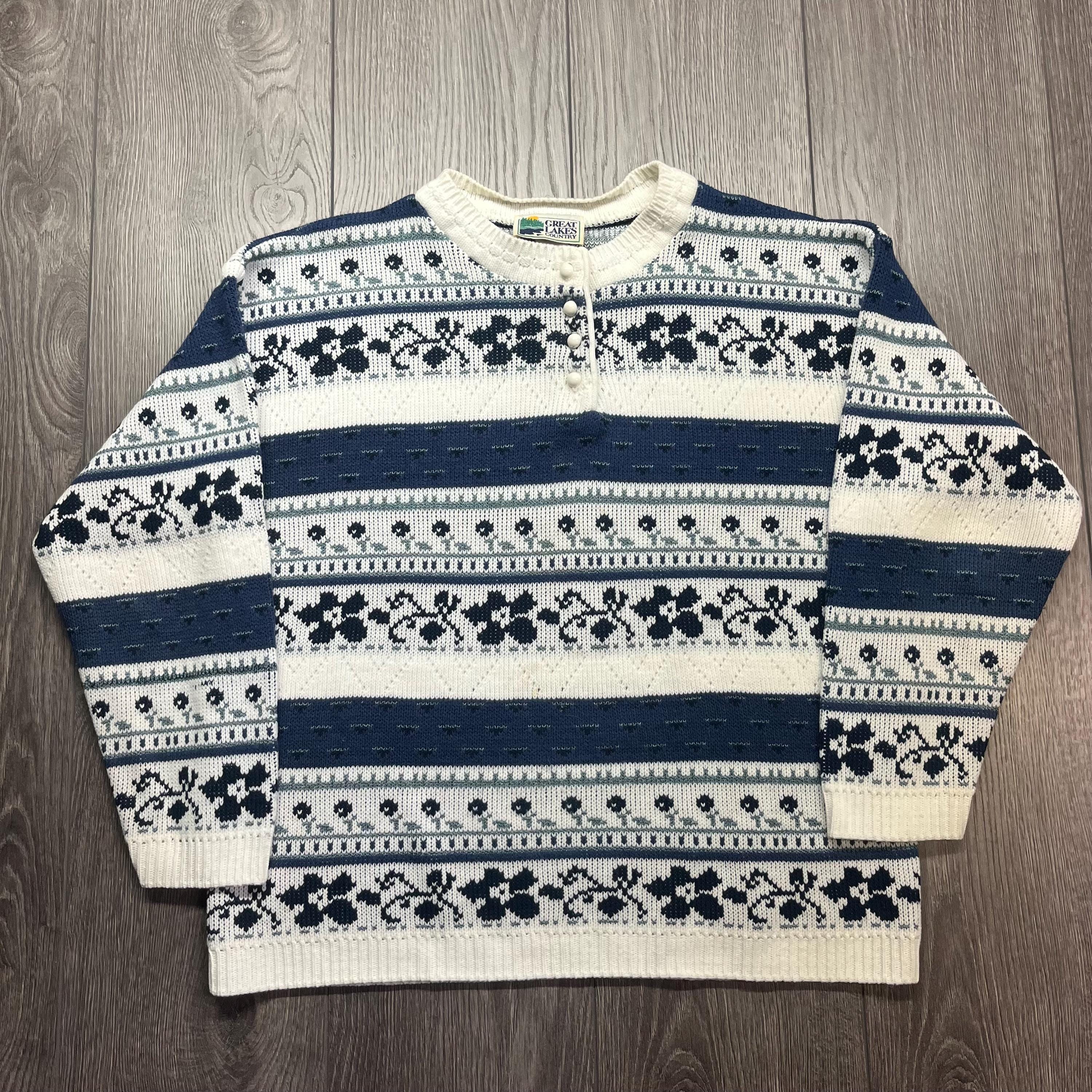 Vintage 1990s Knit Quarter Button Sweater Jumper Blue Aztec Floral
