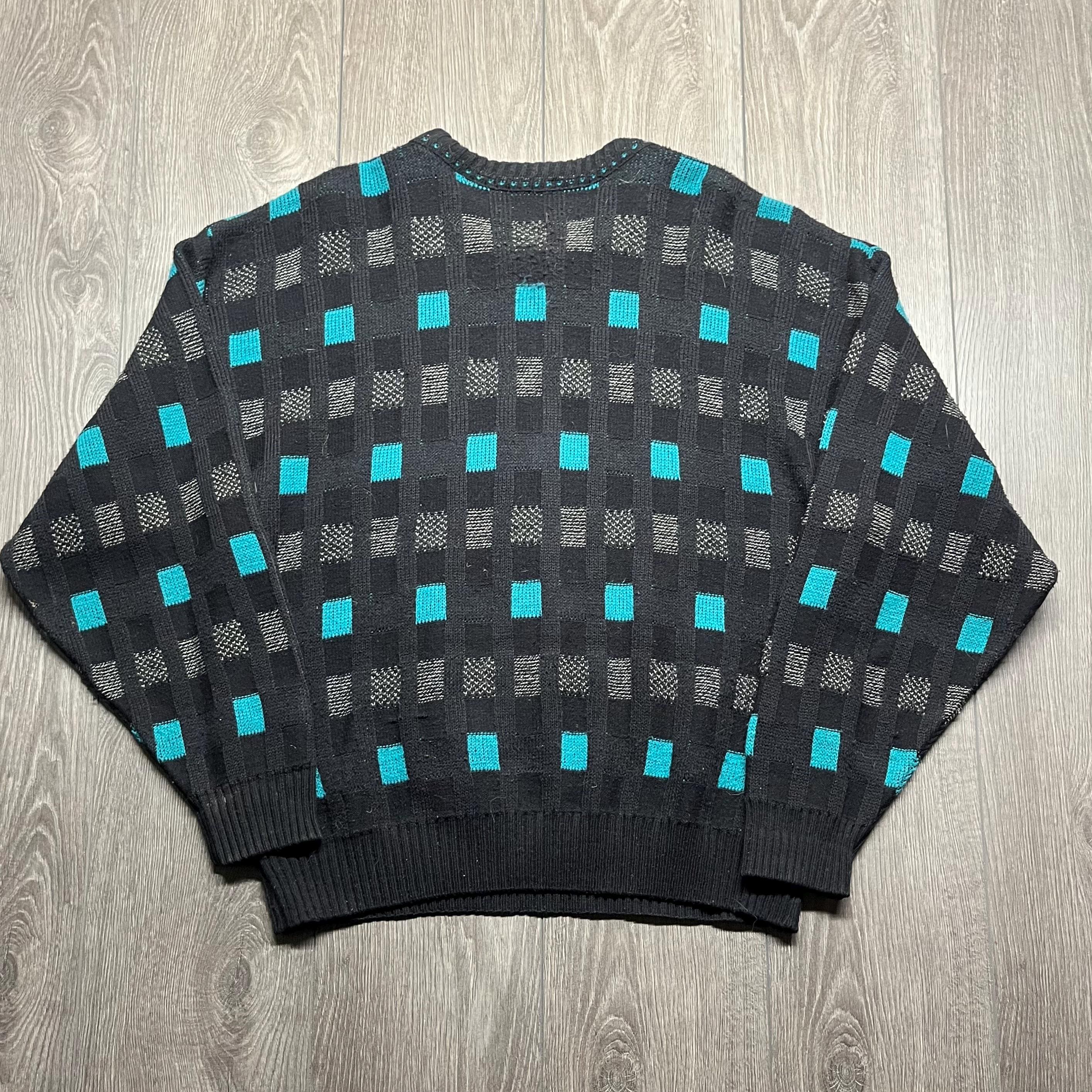 Vintage Sears 1980s Sears Knit Geometric Sweater XL Black Multi 