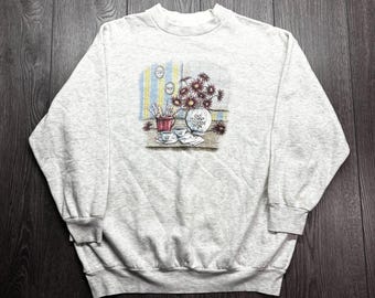 Vintage Tea Flowers Cottage Nature 1990s Cute Lightweight Sweatshirt Large Grandma Grey