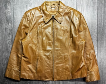 Danier Large Tan Brown Genuine Leather Zip Up Jacket Womens 18 Vintage