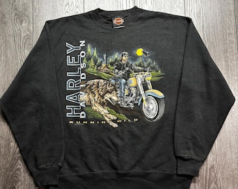 Felpa vintage Harley Davidson Running Wild Wolf del 1995, taglia L da uomo, nera, prodotta negli Stati Uniti.