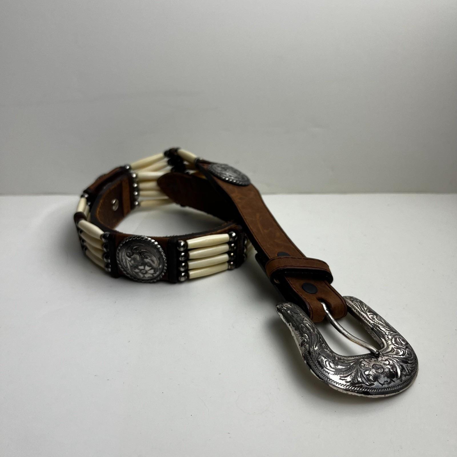 トニーラマ- TONY LAMA ◆ビーズ レザー ウエスタンベルト/34/ブラック　K211 Tony Lama トニーラマ ウエスタンベルト ホーンビーズ装飾 花柄