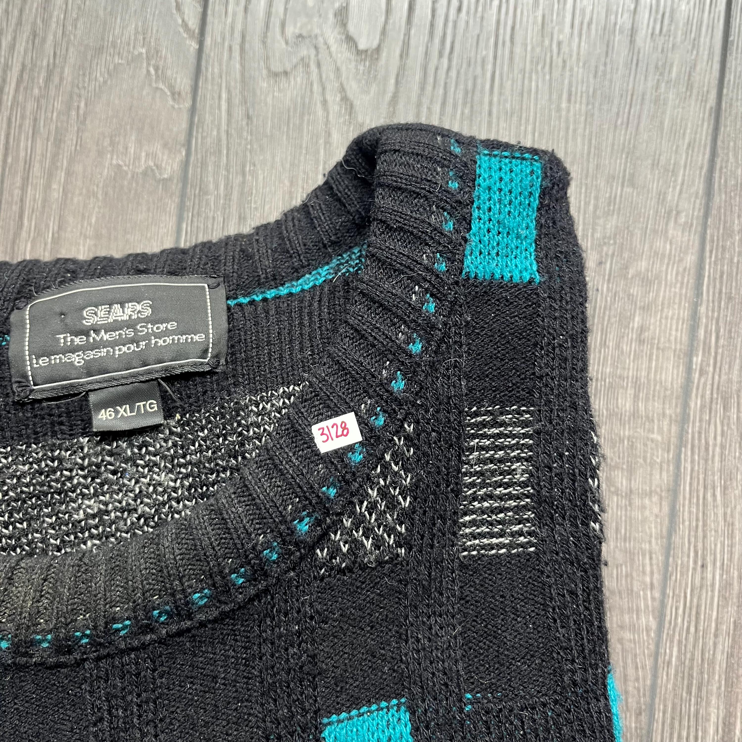 Vintage Sears 1980s Sears Knit Geometric Sweater XL Black Multi 