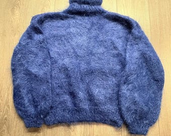 Vintage Hand Knit Mohair Sweater Blue Fuzzy Turtleneck Chunky Knit Pullover