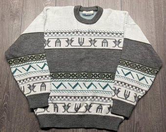 Vintage Club International Knit 1980s Aztec Geometric Sweater Medium Grey