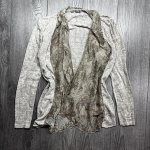Elena Baldi Made in Italy Silk Blend Floral Paisley Open Cardigan Tan Gray Med