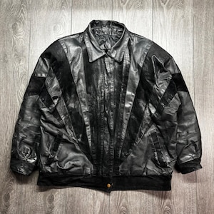 Vintage Patchwork Leather Bomber Jacket Black Suede Croc Embossed Mens Large