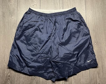 Vintage Nike 1990s Embroidered Navy Blue Track Shorts Small 34 XXL White Sports Summer