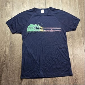 Vintage 1970s Great Barrier Reef Australia Thin Ringer T Shirt Blue Raglan Tee Medium Large True Vintage