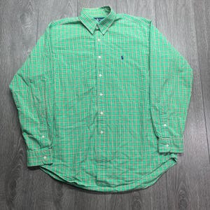 Vintage Polo Ralph Lauren 1990s Plaid Button Down Up Shirt Preppy Green L Large Medium Pony