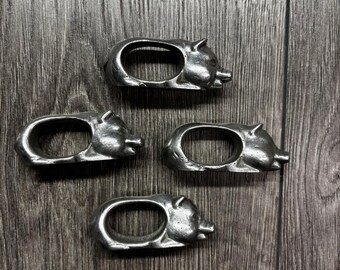 Vintage tinnen varken servetringen set van 4 zilver gegoten metalen boerderij tafeldecor