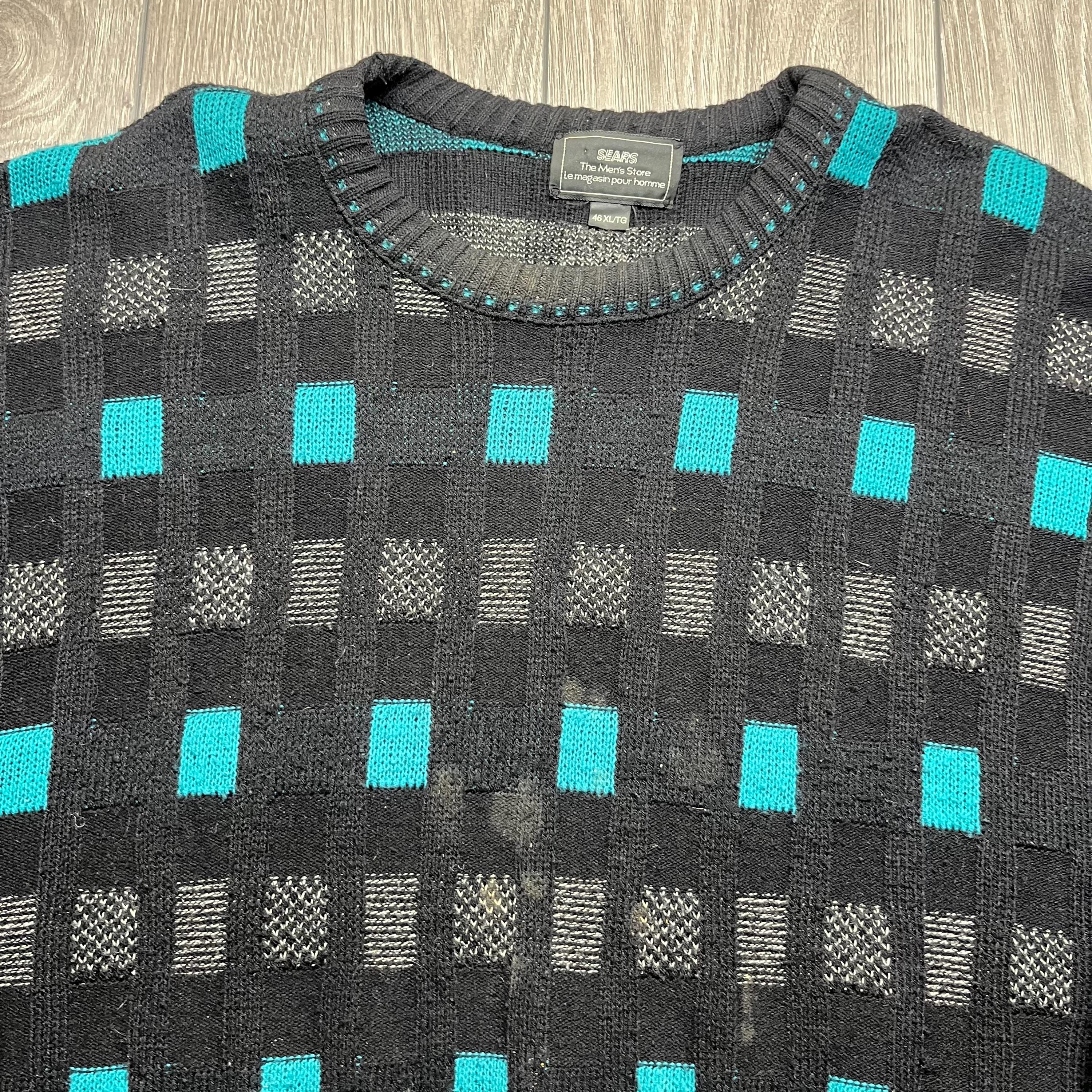 Vintage Sears 1980s Sears Knit Geometric Sweater XL Black Multi 
