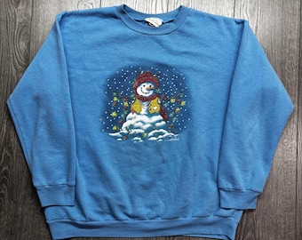 Vintage Schneemann Weihnachten Sweatshirt Blau Crewneck Large 90s Nature Carroll Reed