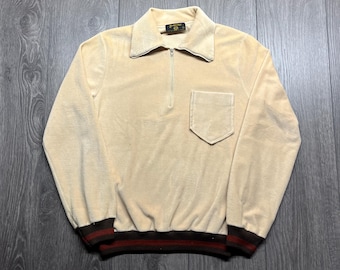 Vintage Velour 1970s Fabrini Tan Quarter Zip Sweater Cuffed Hippy Disco Rare Small / Medium